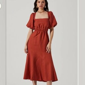 Women’s ASTR the Label Rust Color Puff Sleeve Midi Dress with Tie, Size Small